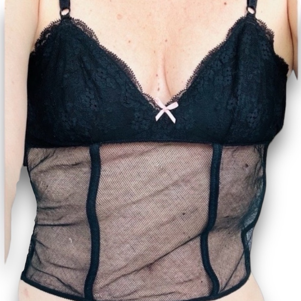 Dolce & Gabbana 90s black Mesh Babydoll Bustier crop top Lace B Cup Large